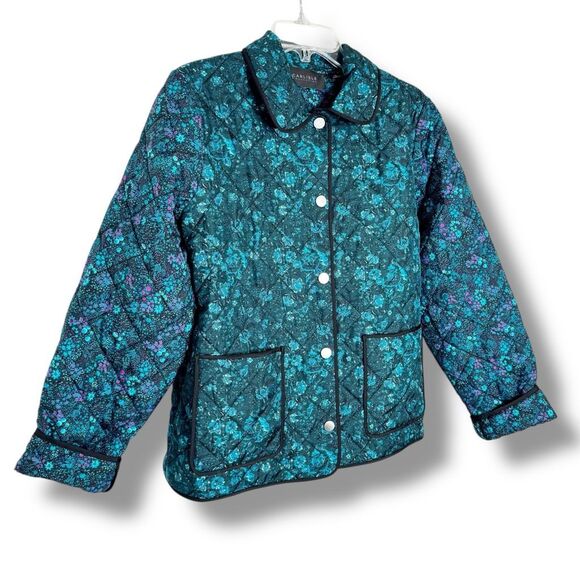 Carlisle Collection Blue Floral Snap Front Collared Silk Quilted Jacket Size 12 - Picture 8 of 9